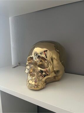 Gold Ceramic Skull Sculpture - Decorative Home Art